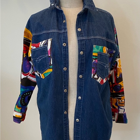 Absolutely No! Jeans Womens Vintage Denim Shirt w Bright Pattern Sleeves /Size S - Picture 7 of 9